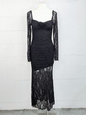 Gorglitter Black Stretch Lace Long-Sleeve Bodycon Maxi Dress